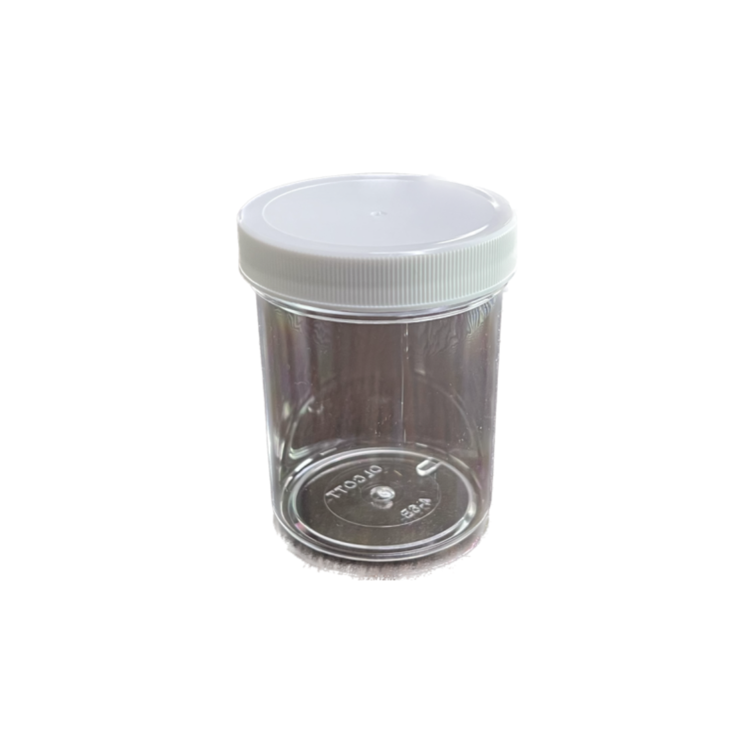 Clear plastic container with a white lid on a white background