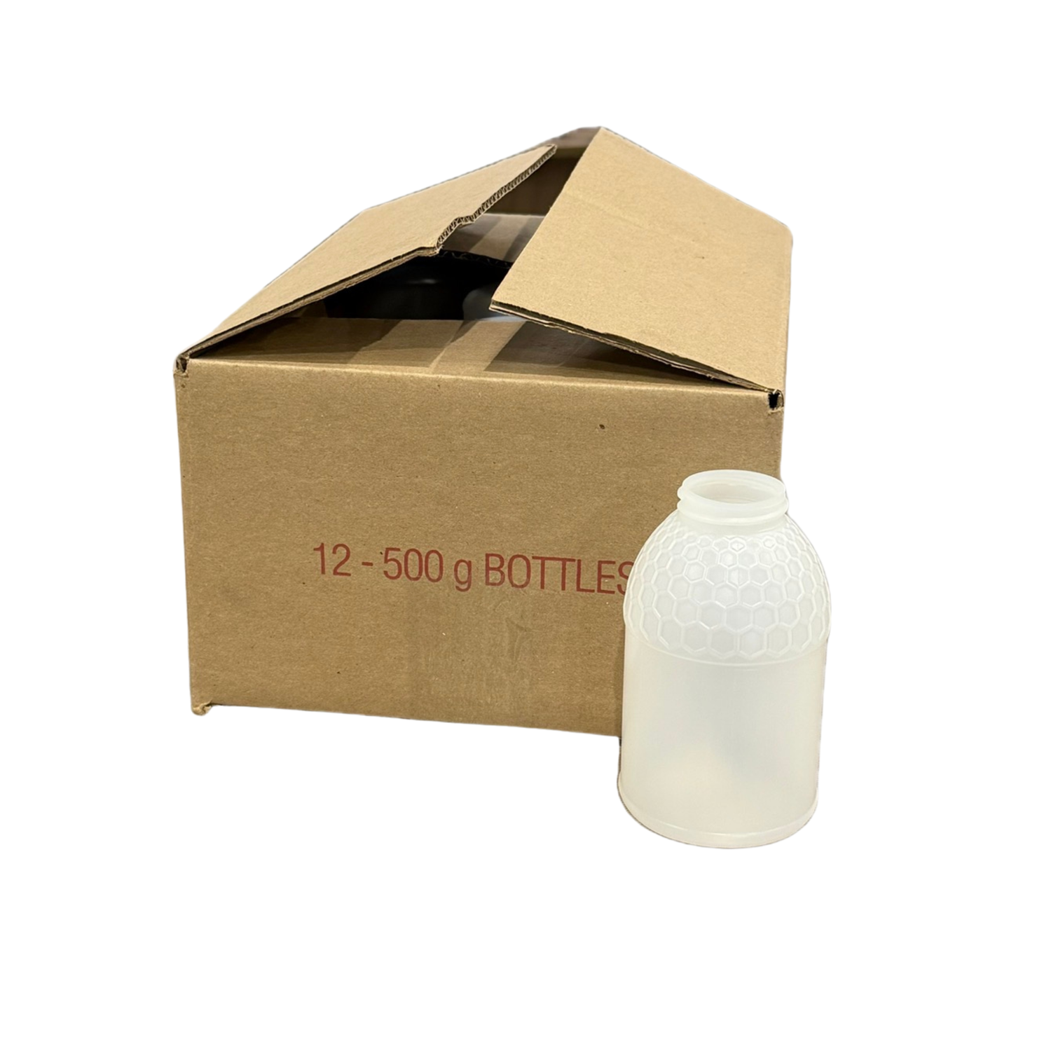 Cardboard box with '12 - 500 g Bottles' text and a white bottle next to it on a white background