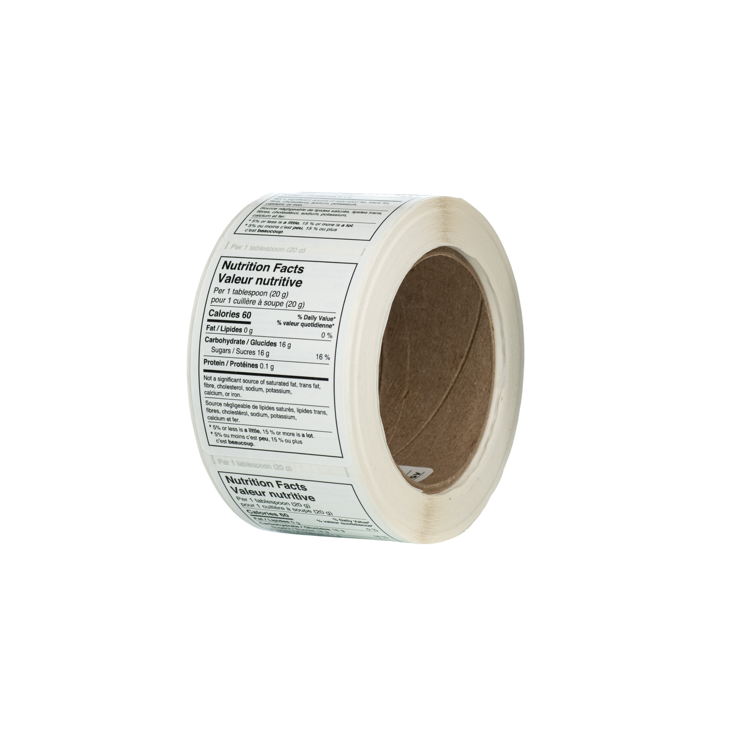 A roll of labels displaying nutritional information for honey jars.