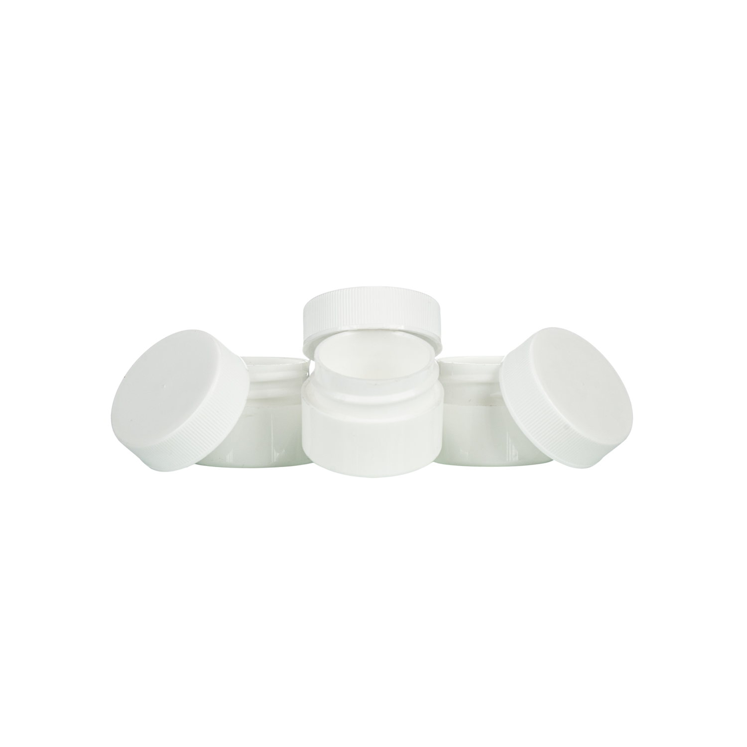 Three white lip balm jars with twist-top lids, displayed on a white background