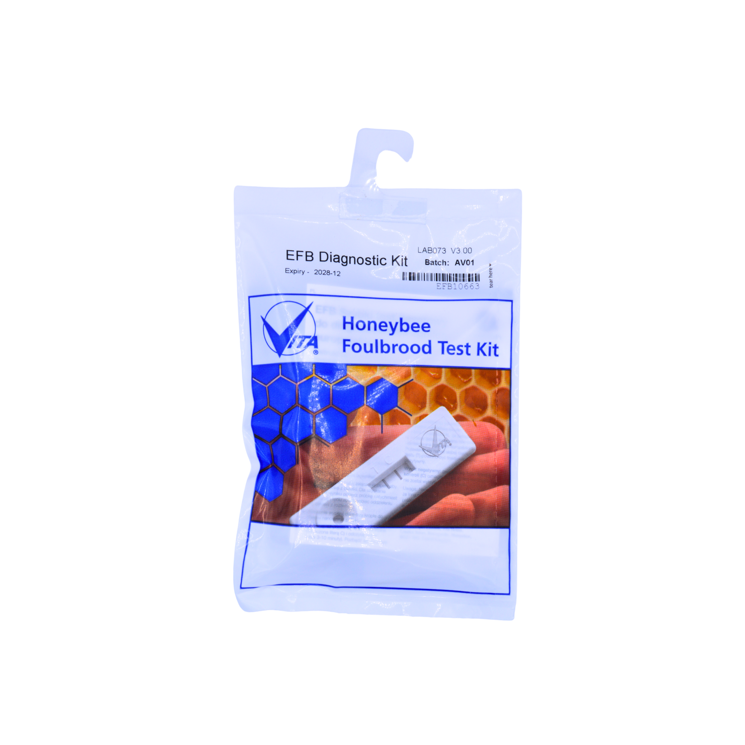 Packaging for a Honeybee Foulbrood Test Kit showing a sealed white pouch with honeycomb graphics and a handheld rapid test cassette pictured on the front, labeled as an EFB diagnostic kit.