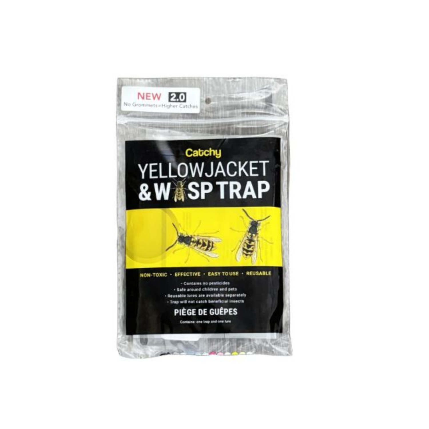 Packaged yellowjacket and wasp trap with 'Catchy' branding on a white background