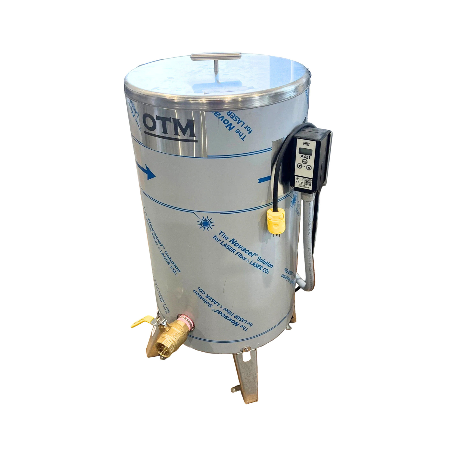 White cylindrical tank with metallic top and various attachments on a white background