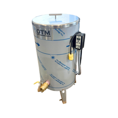 White cylindrical tank with metallic top and various attachments on a white background