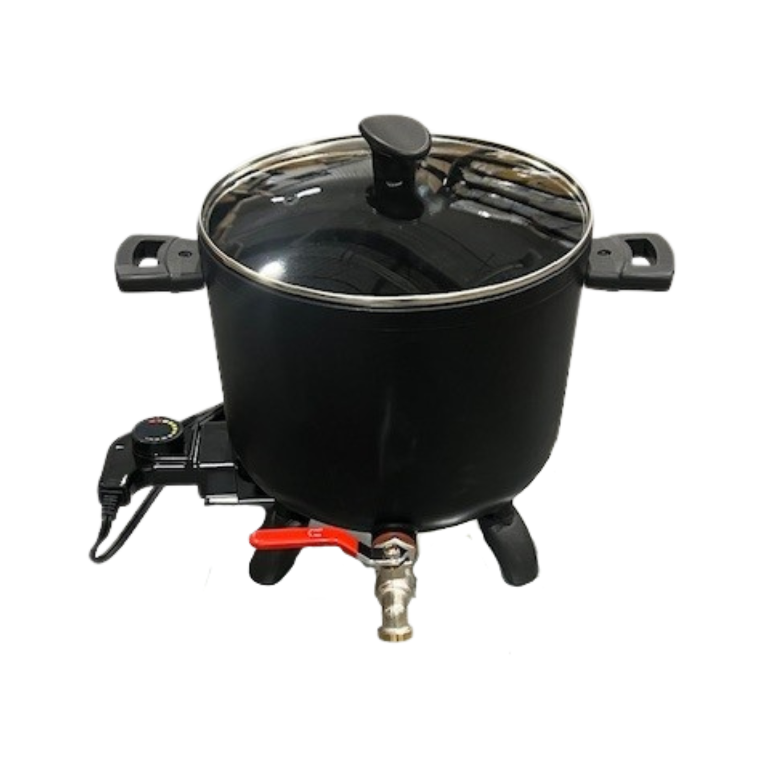 A black pot used to melt beeswax with a red handle and a clear glass lid on a white background