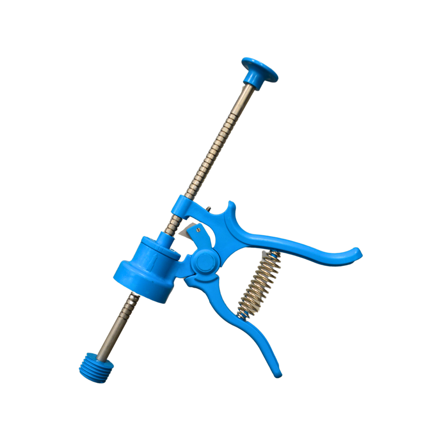 A blue dosing gun specifically designed to be used with Amiflex on a white background