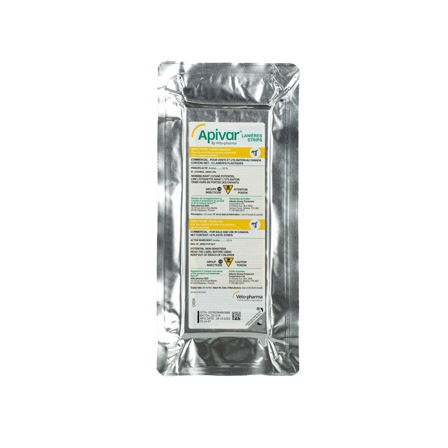 A sealed package of Apivar strips used for mite control in honey bees.