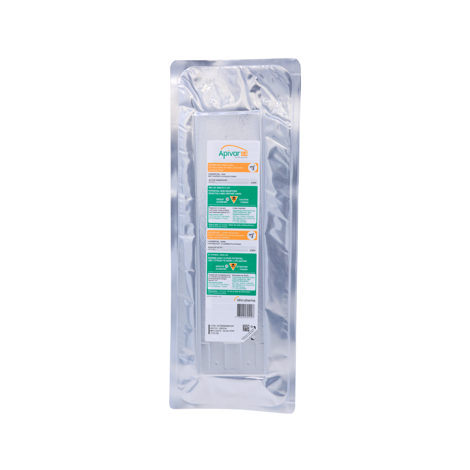 A package of Apivar 2.0 with 4 strips on a white background