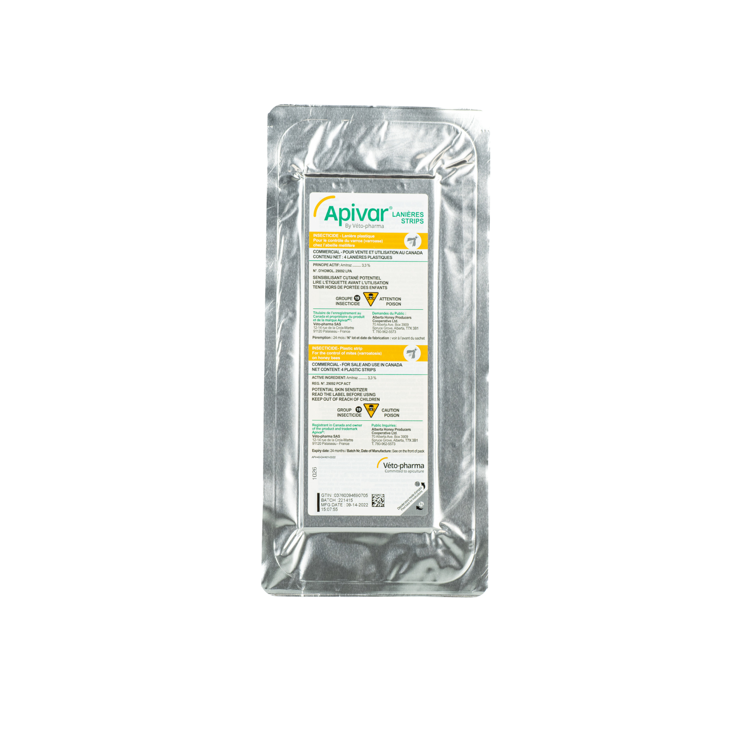 A sealed package of Apivar strips used for mite control in honey bee hives.