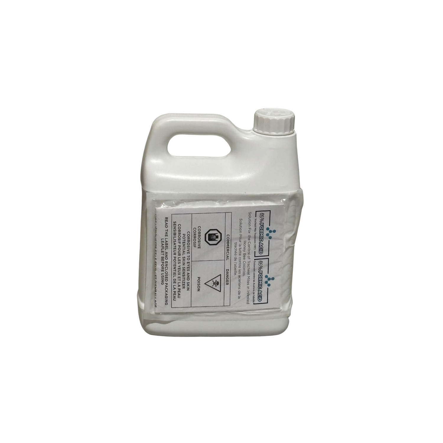 White plastic container of formic acid with a label on a white background