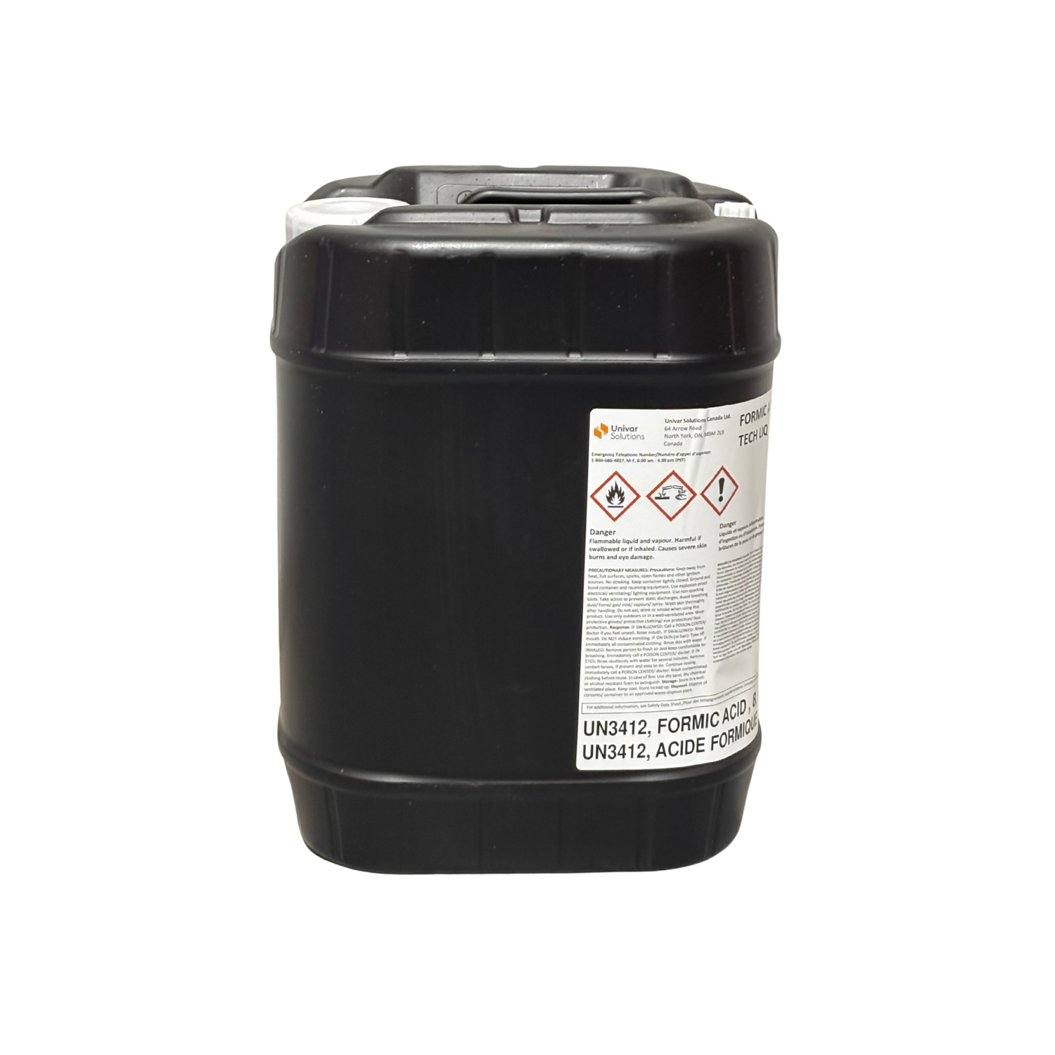 Black plastic container of formic acid with a label on a white background