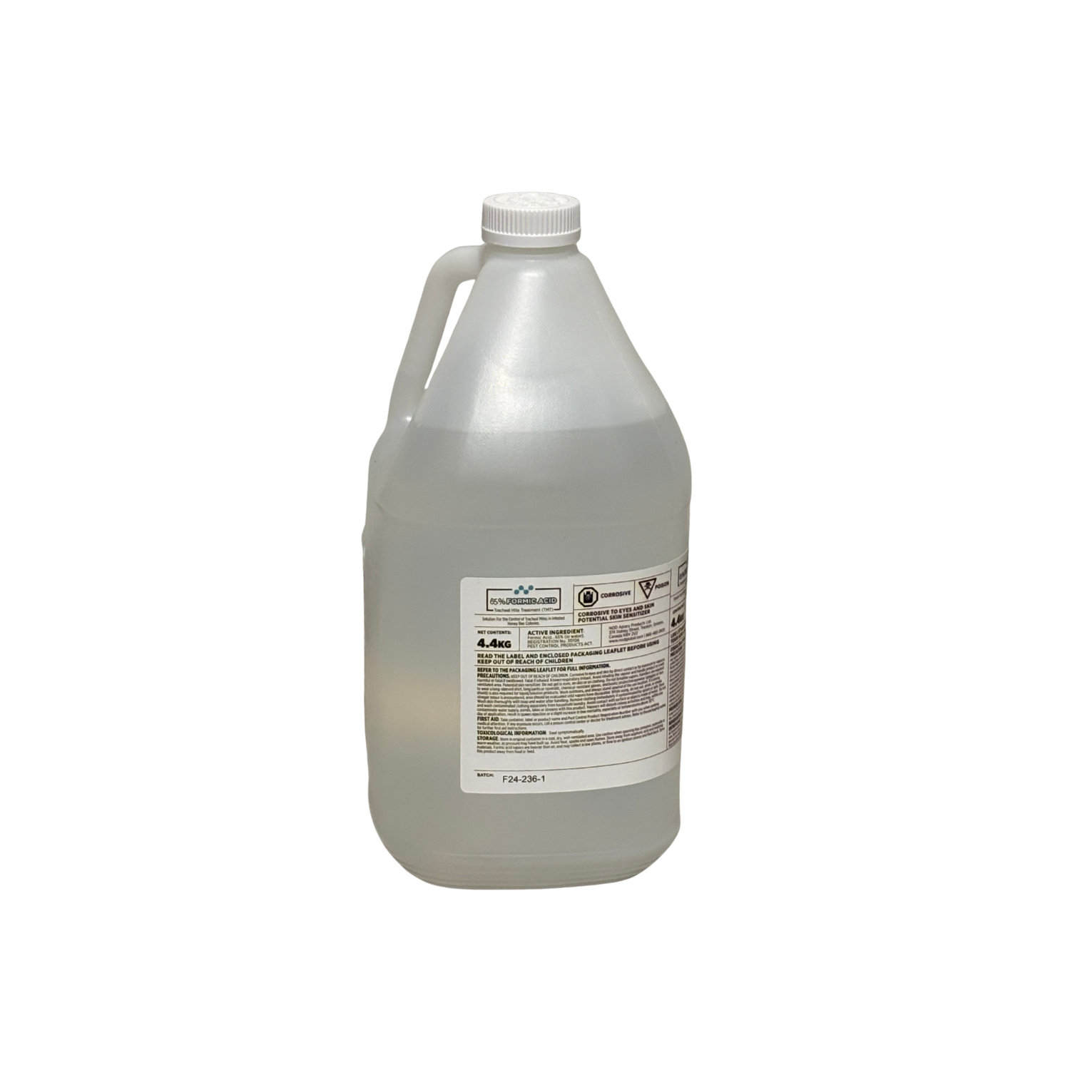 Clear plastic container of formic acid with a label on a white background