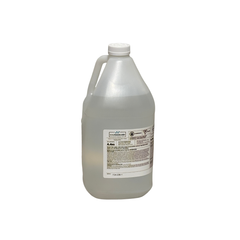 Clear plastic container of formic acid with a label on a white background