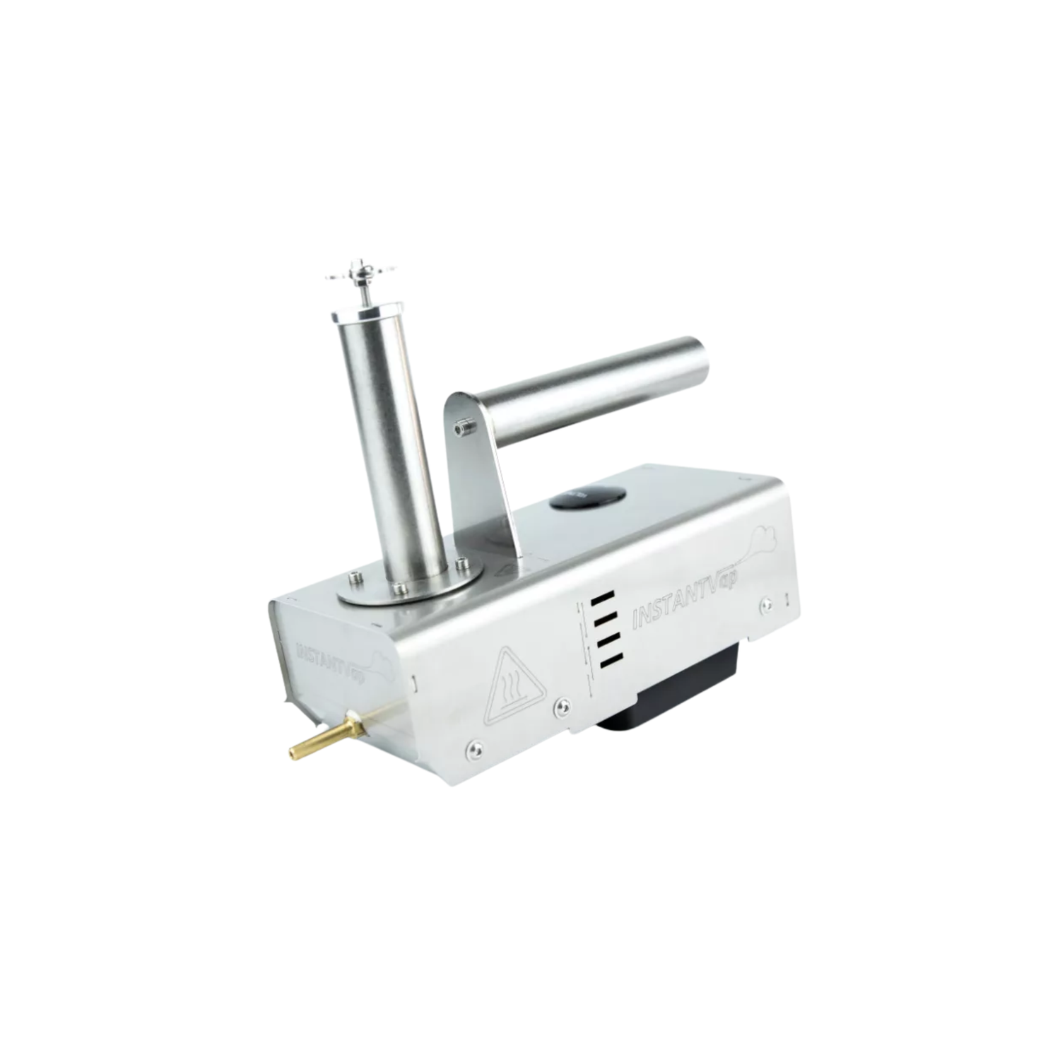 Metallic device with cylindrical component on a white background