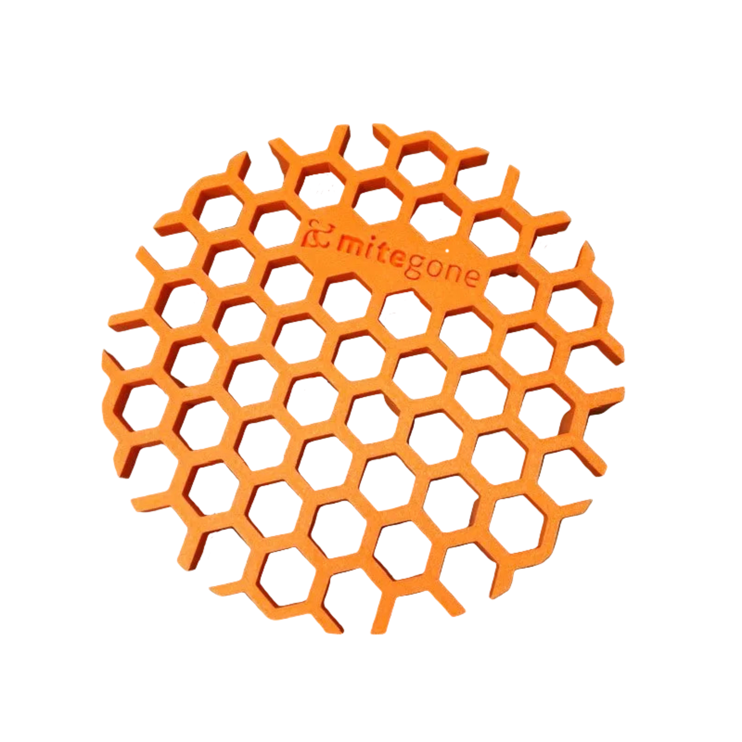 Orange hexagonal mat with 'mitegone' branding on a white background