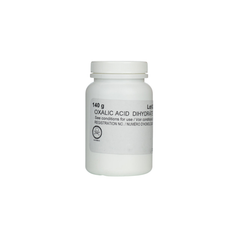 A side view of a white jar labeled with the product name Oxalic Acid Dihydrate, indicating a purity of 99.6% and a size of 1 kg, with a white lid.