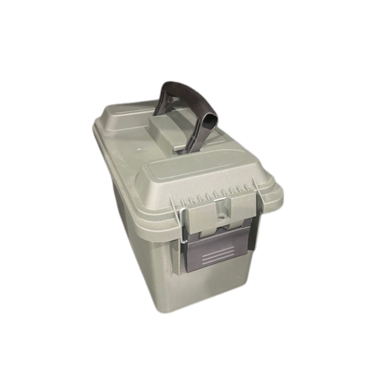Beige storage box with a black handle on a white background