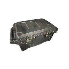 Black storage box with a lid on a white background