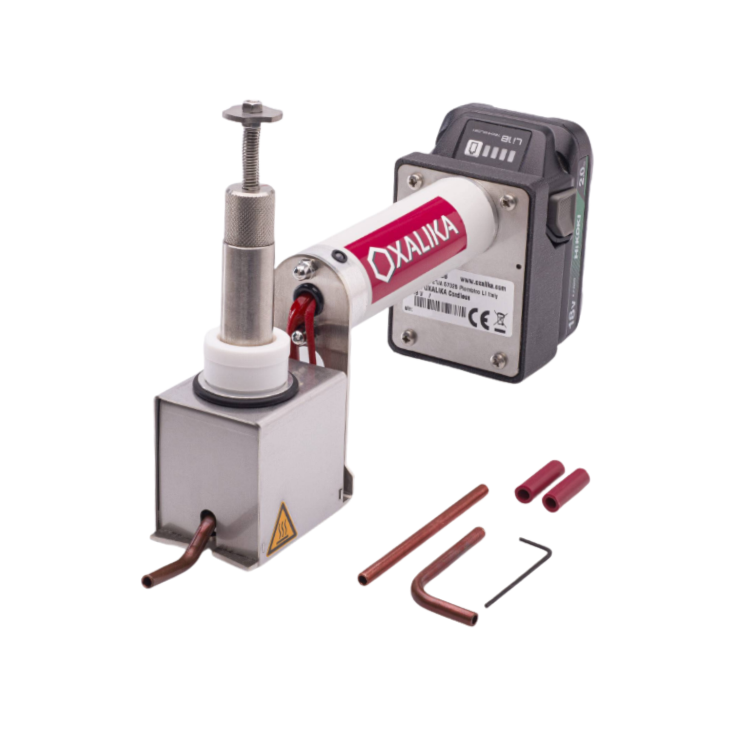 A MINI OXALIKA cordless vaporizer with metal components and parts on a white background