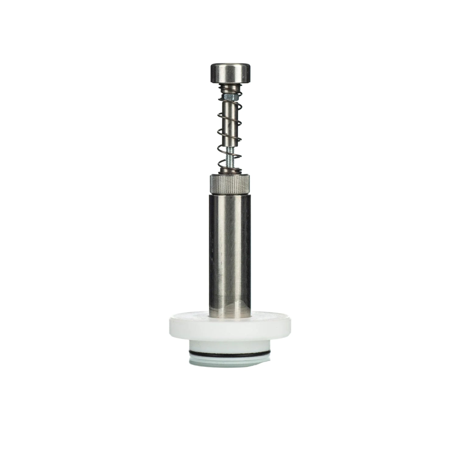 Stainless steel beekeeping valve assembly with a spring-loaded plunger mounted on a white plastic base with a rubber O-ring, shown against a white background.