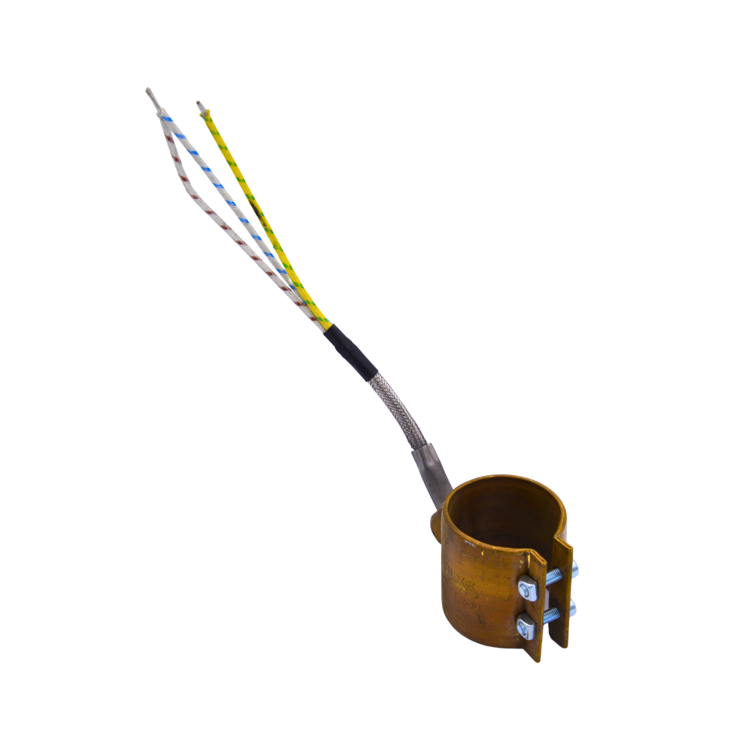 A metal clamp fitting with a copper-toned body, silver wire, and three colored lead wires (yellow, blue, and white) on a plain white background.