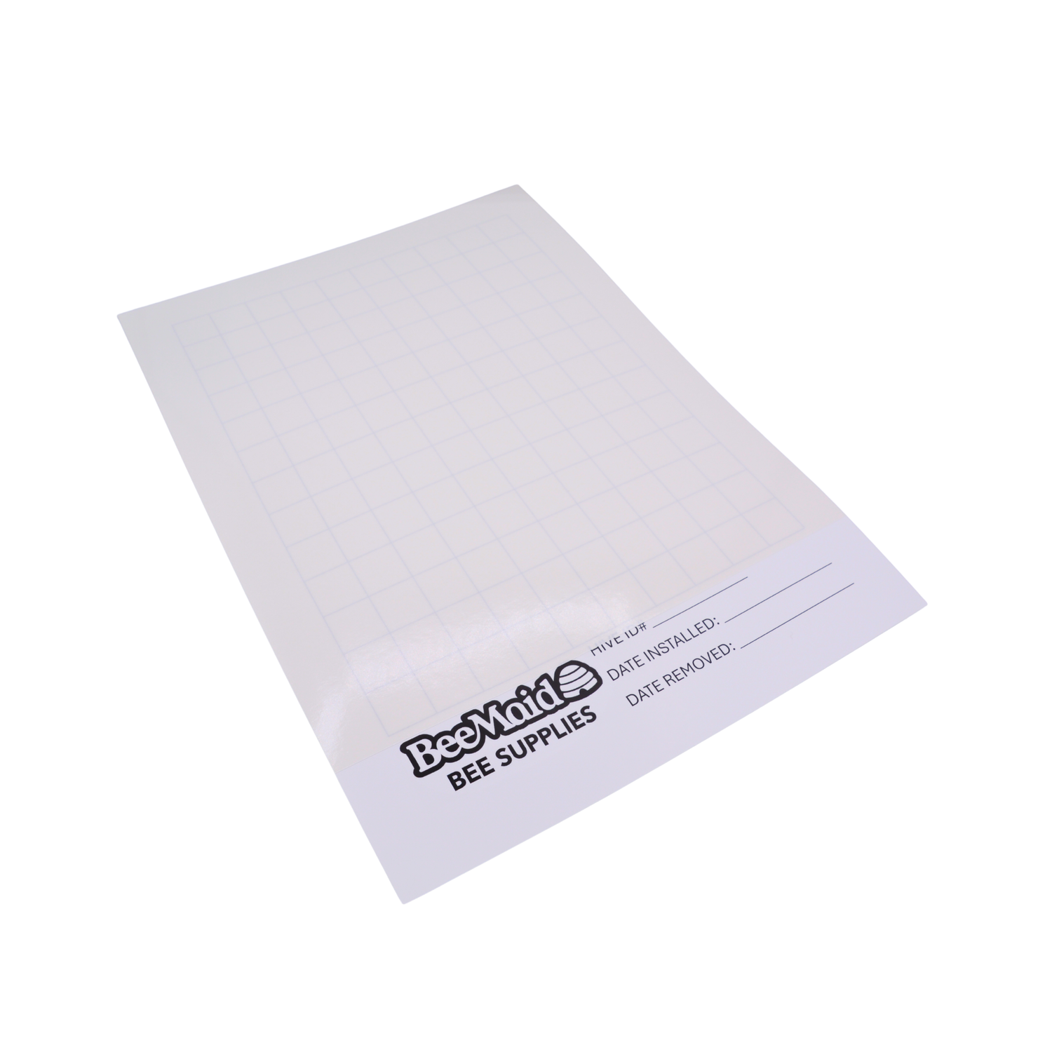 A white sticky board with a grid pattern, designed for monitoring Varroa mite infestation in beekeeping.