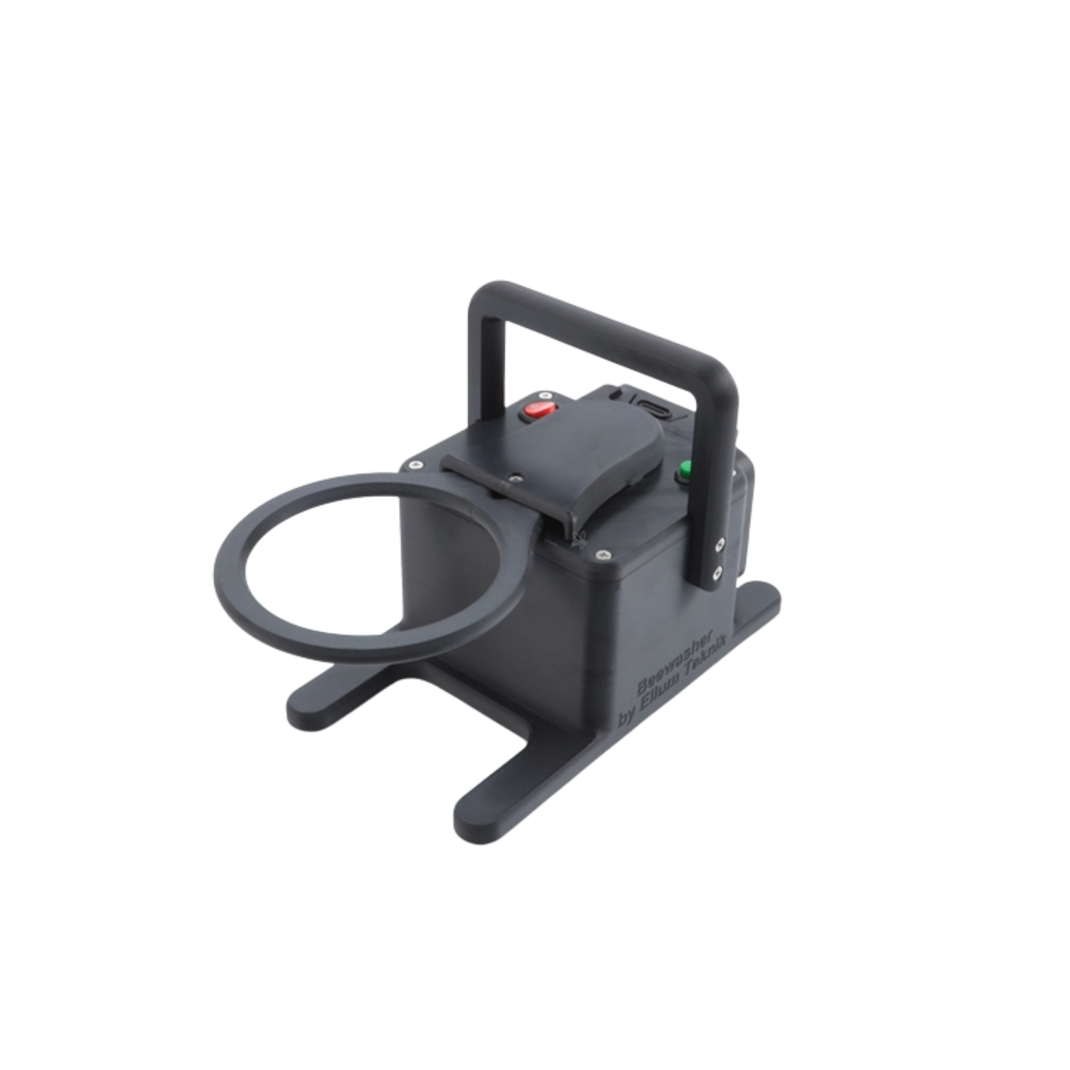 Black metal stand with a circular component on a white background