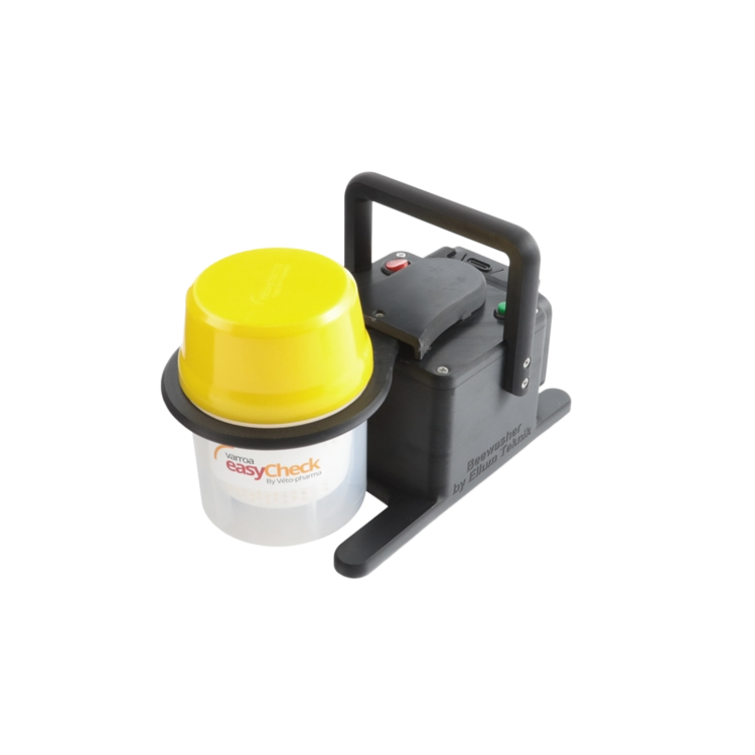 Black device with a clear container on a white background