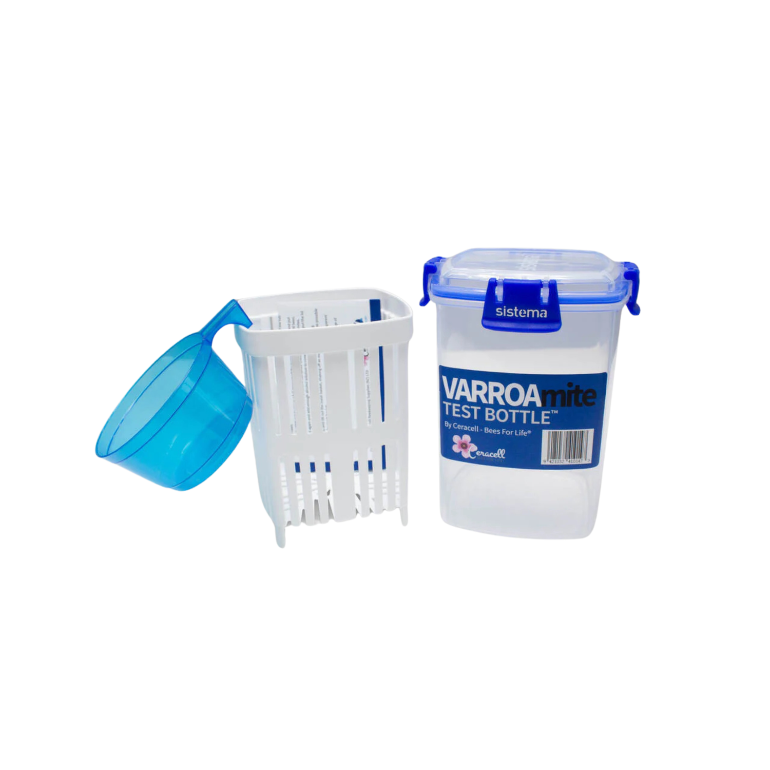 A Varroa Mite Test Bottle with a blue lid, a white filter basket, and a transparent measuring scoop.