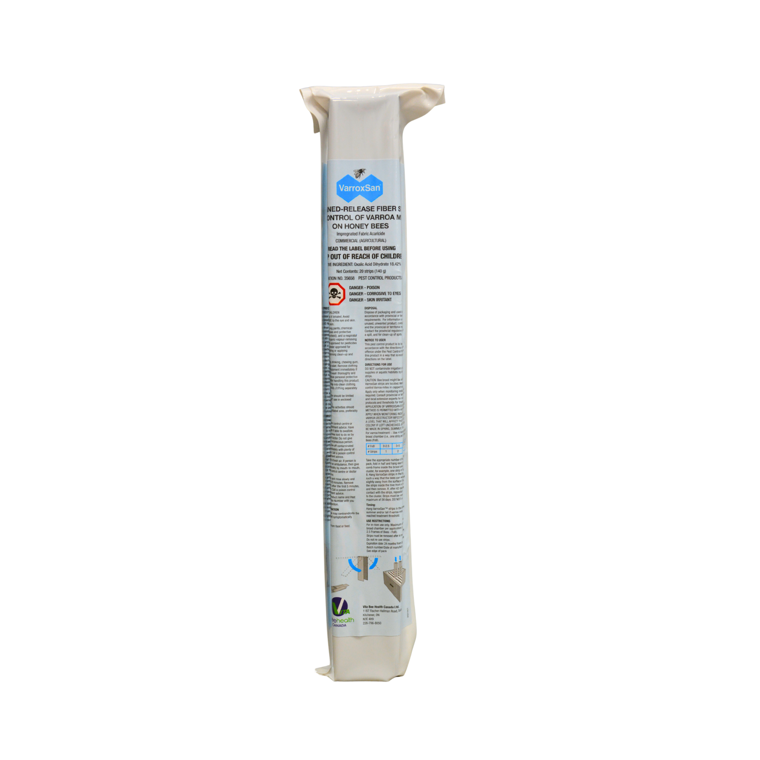 A small pack of VarroxSan used to control varroa mites on honey bees on a white background