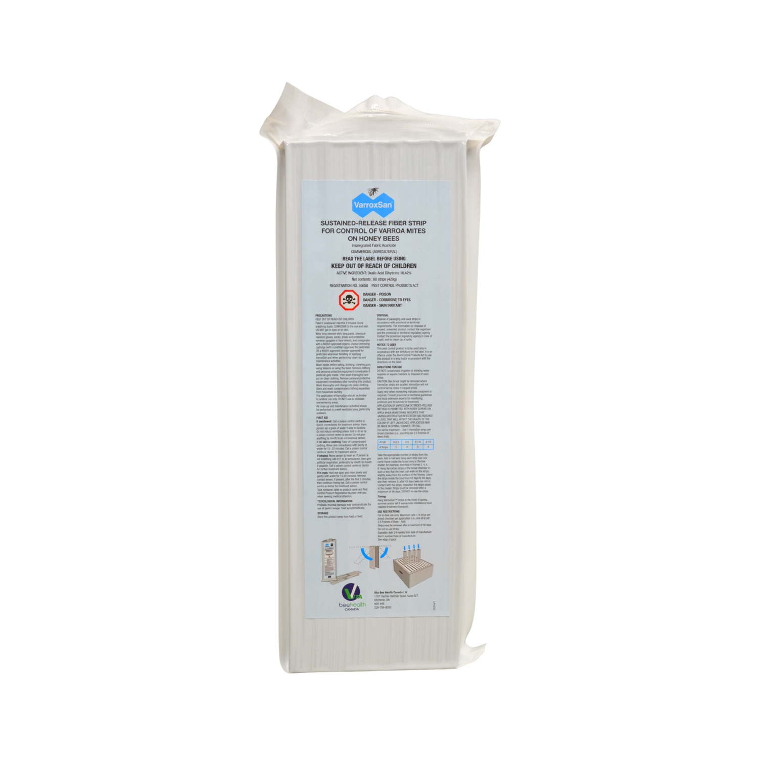 A large pack of VarroxSan used to control varroa mites on honey bees on a white background