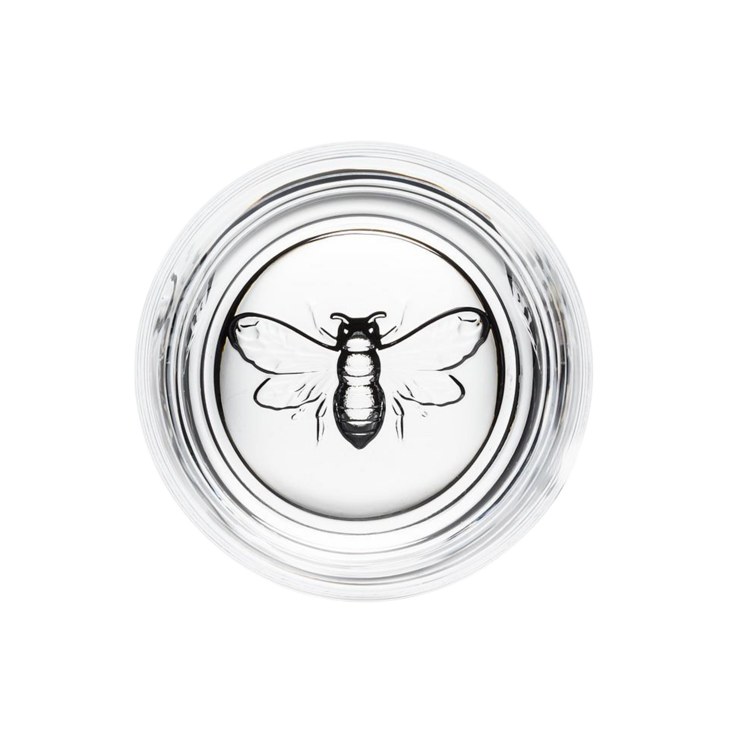 Clear glass lid with a bee design on a white background