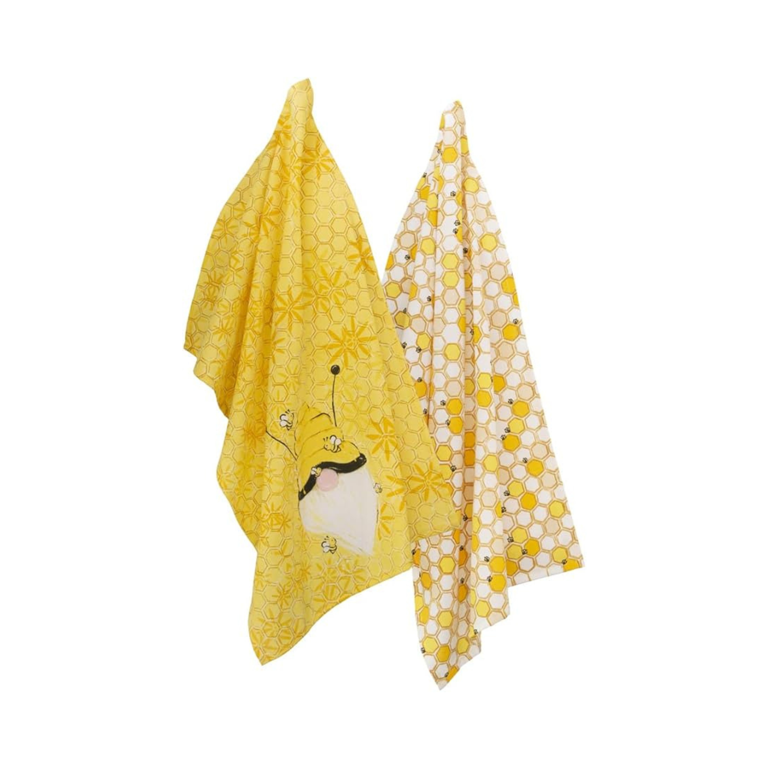 Two yellow cotton kitchen towels with honeycomb patterns, one featuring a cartoon honeybee illustration, hanging side by side against a white background.