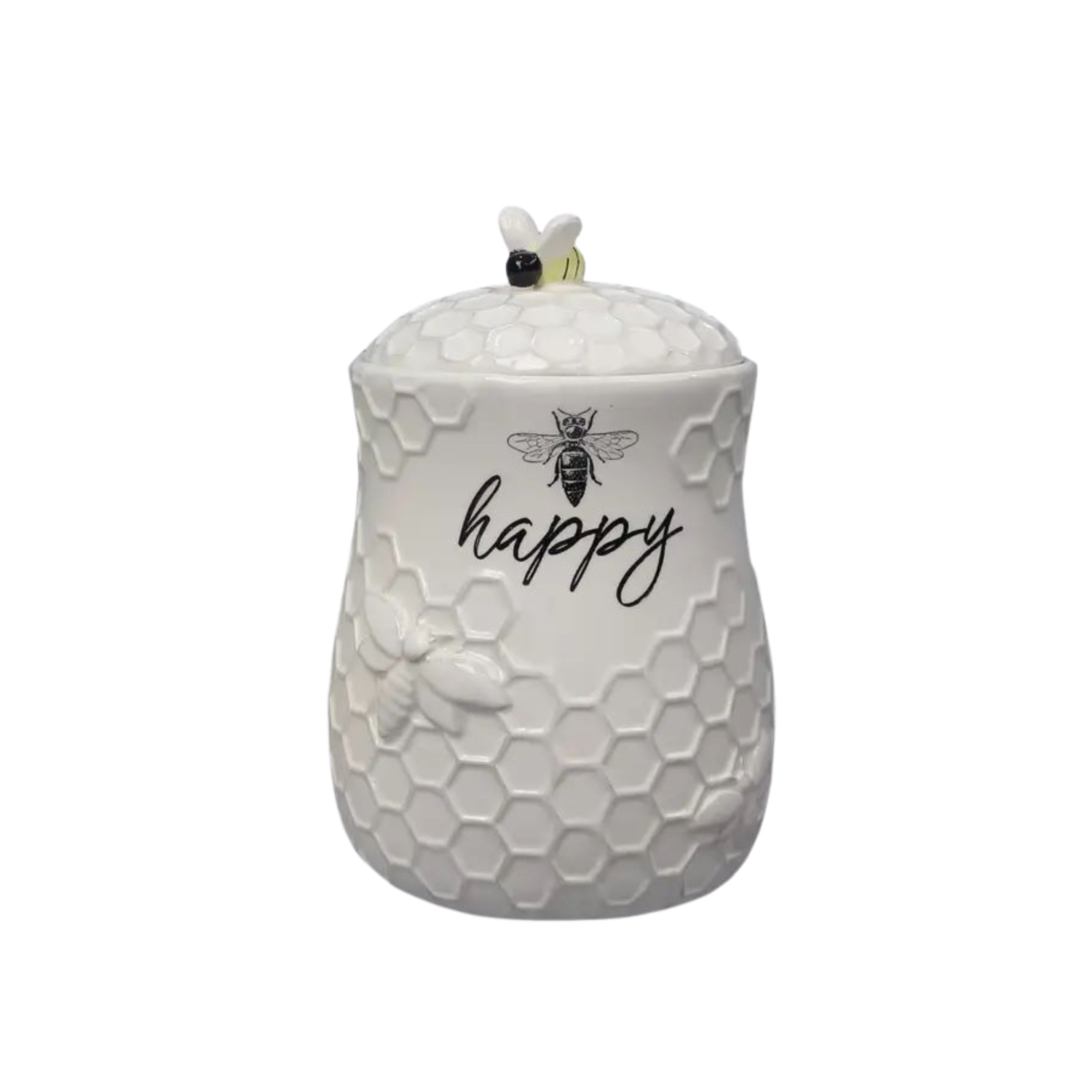 White ceramic honey pot with raised honeycomb texture, a lid topped with a small bee figurine, and the word “happy” printed on the front.