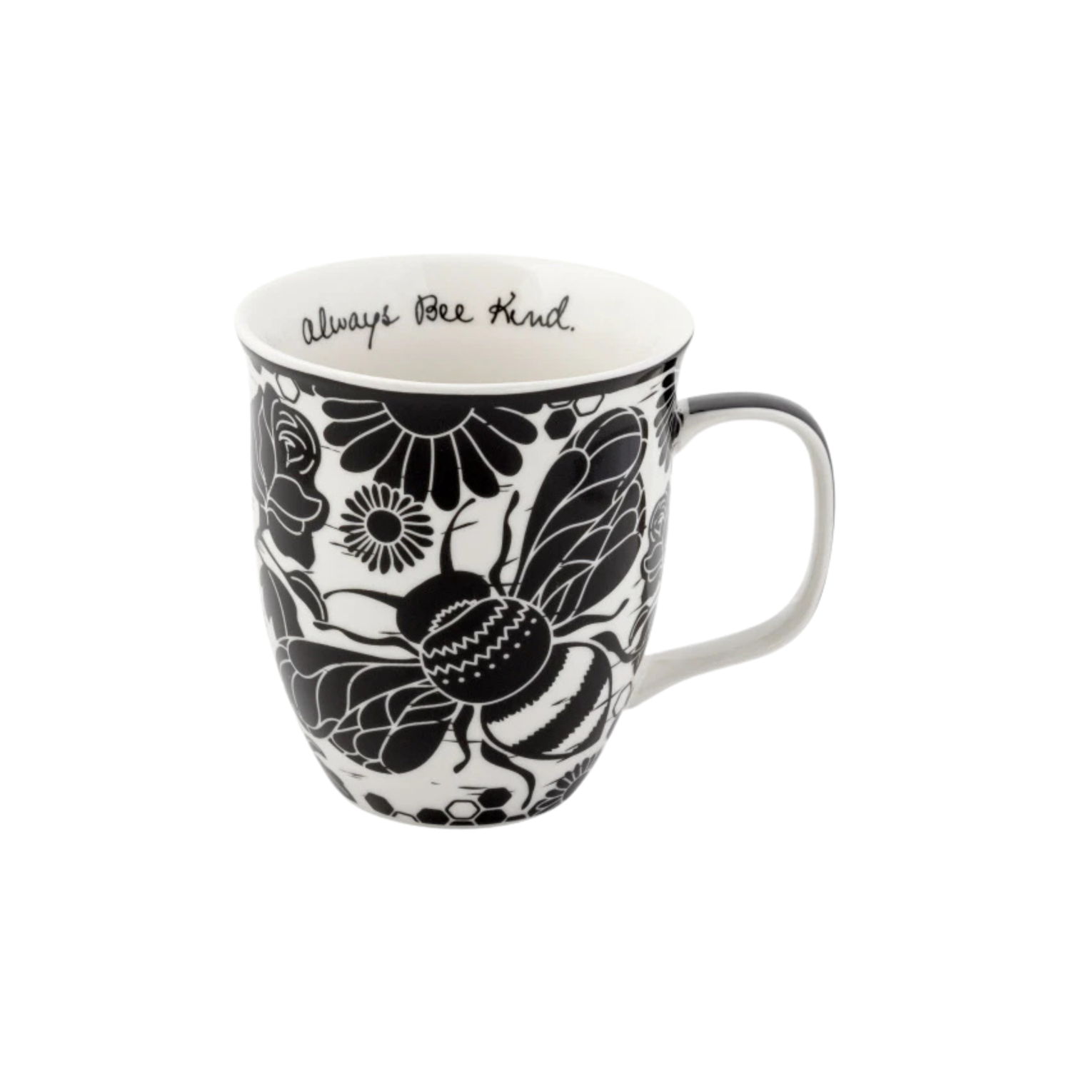 A black and white ceramic mug with floral and bee patterns, and an inspirational message inside.
