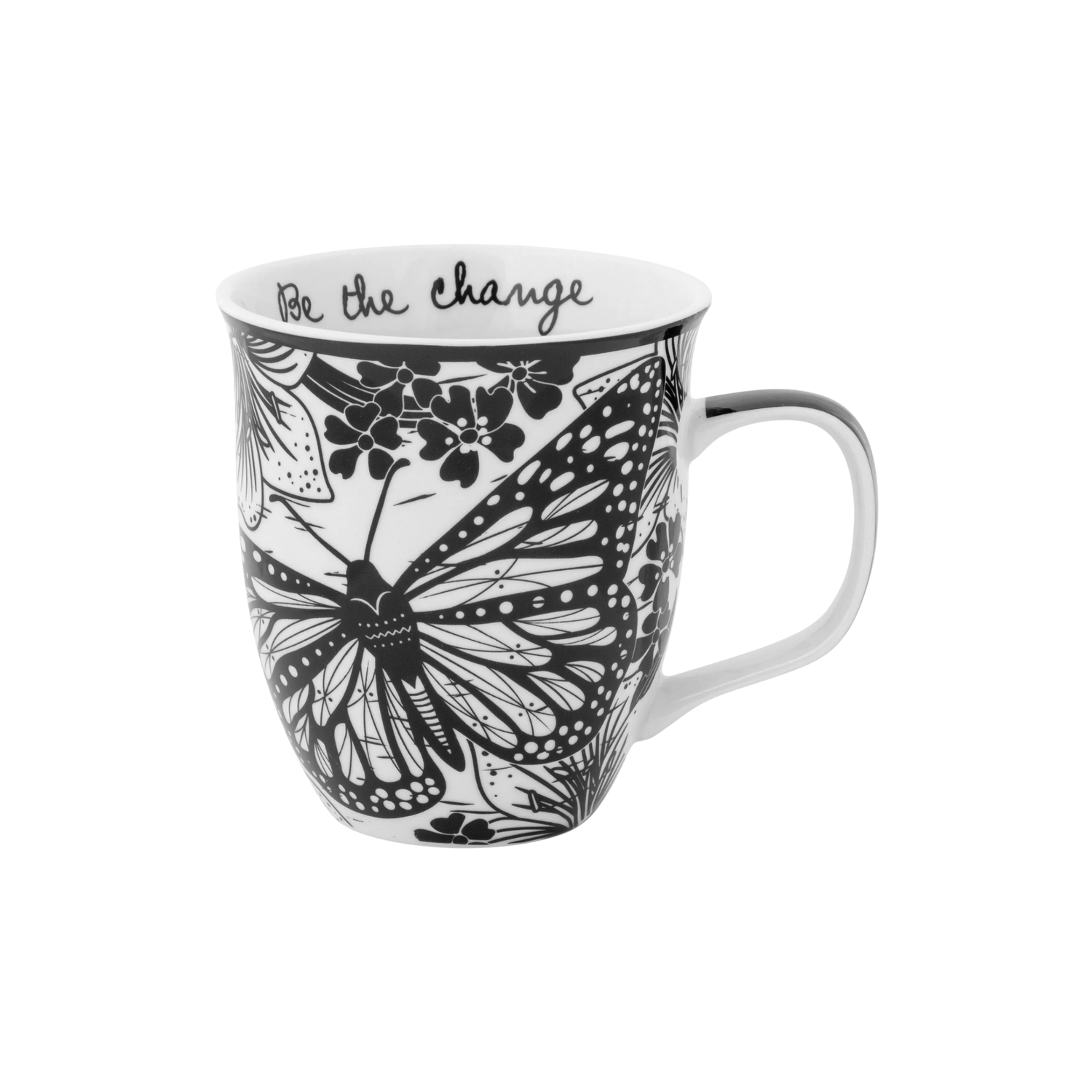 Mug with black butterfly design and 'Be the Change' text on a white background