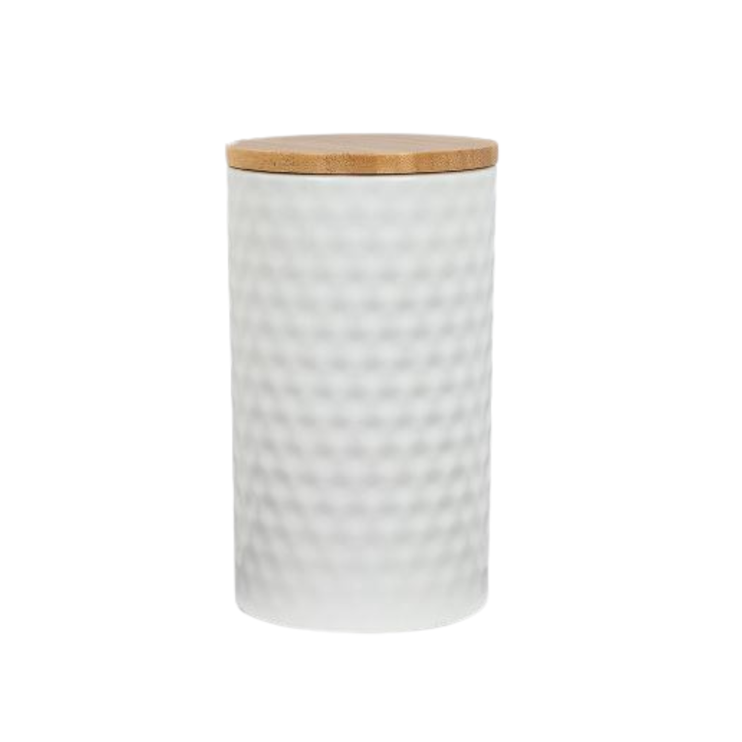 Large, white textured ceramic jar with a smooth cylindrical shape and a flat bamboo lid, shown against a white background.