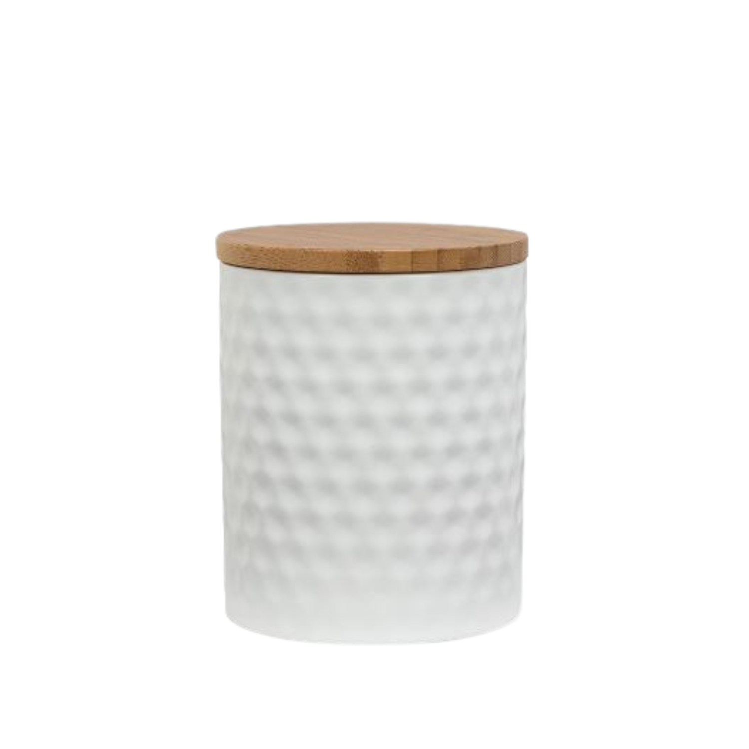 Medium, white textured ceramic jar with a smooth cylindrical shape and a flat bamboo lid, shown against a white background.