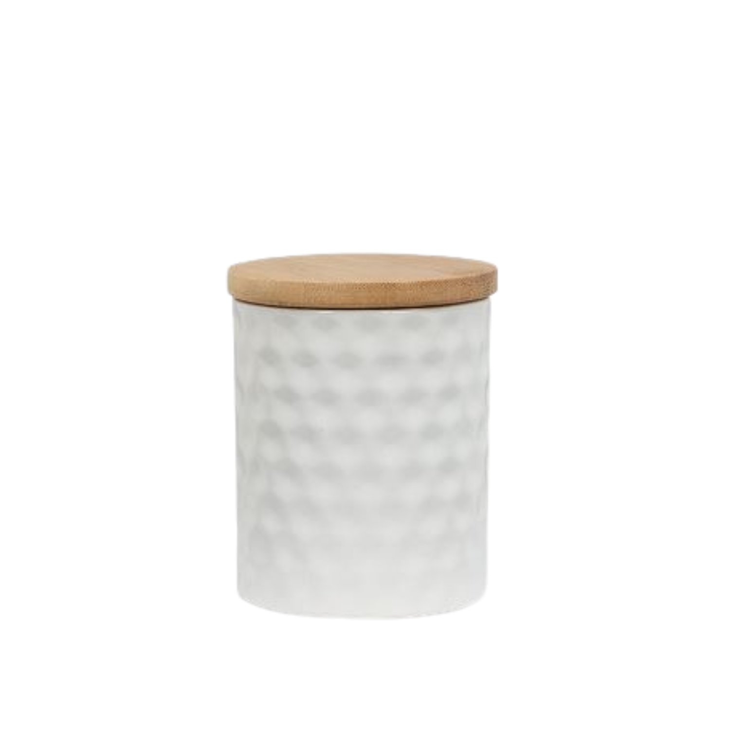 Small, white textured ceramic jar with a smooth cylindrical shape and a flat bamboo lid, shown against a white background.