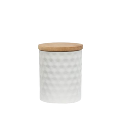 Small, white textured ceramic jar with a smooth cylindrical shape and a flat bamboo lid, shown against a white background.