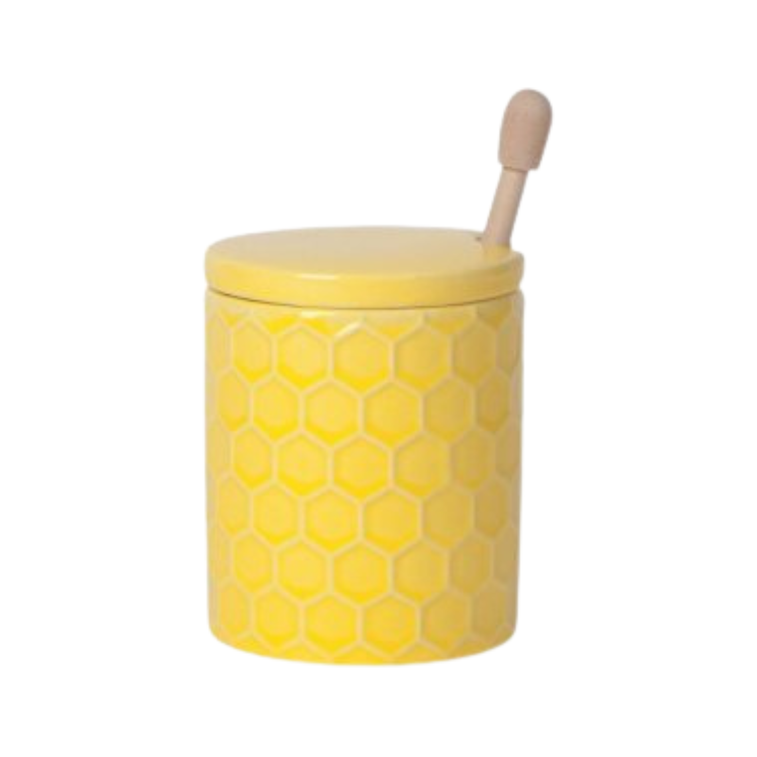 Yellow honey jar with a wooden dipper on a white background