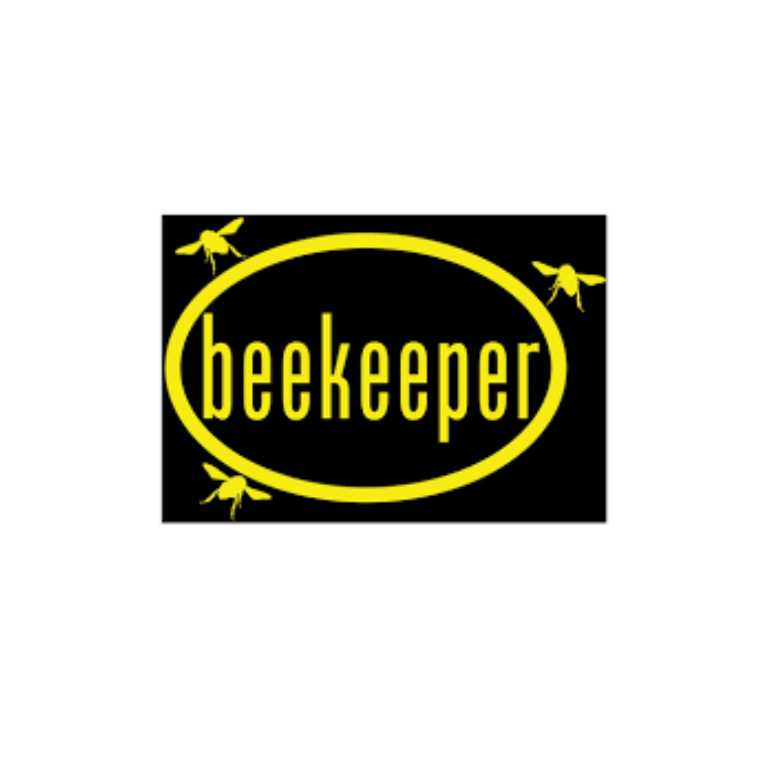 Car decal with the word 'beekeeper' in yellow on a black background