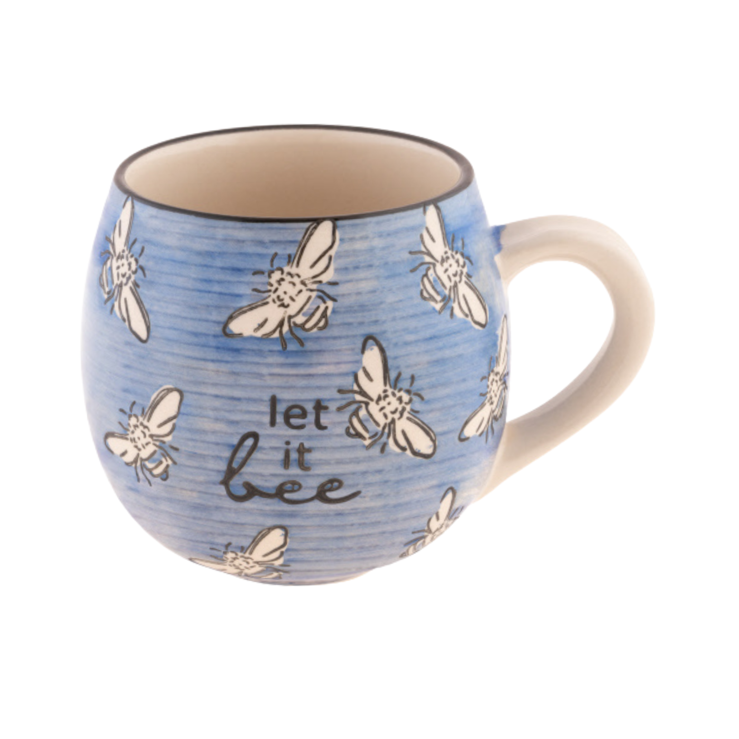 A blue ceramic mug with a bee pattern, and the text 'let it bee' displayed, on a white background