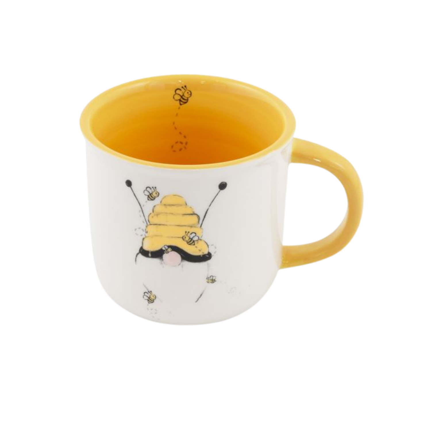 A ceramic mug with a yellow handle and a white body, featuring a cartoon-style bee and beekeeping-themed decorations.