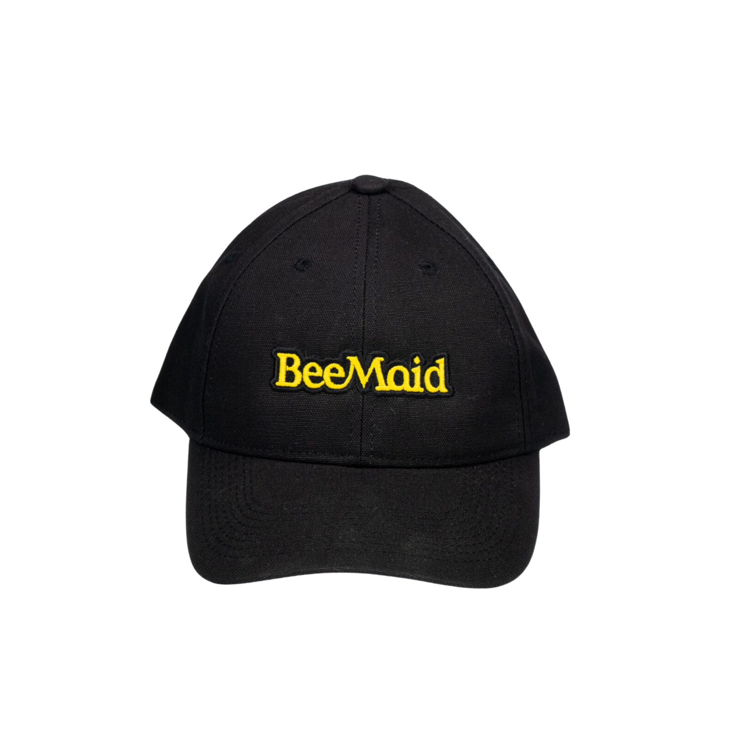 Black cap with 'BeeMaid' text in yellow on a white background