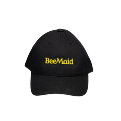Black cap with 'BeeMaid' text in yellow on a white background