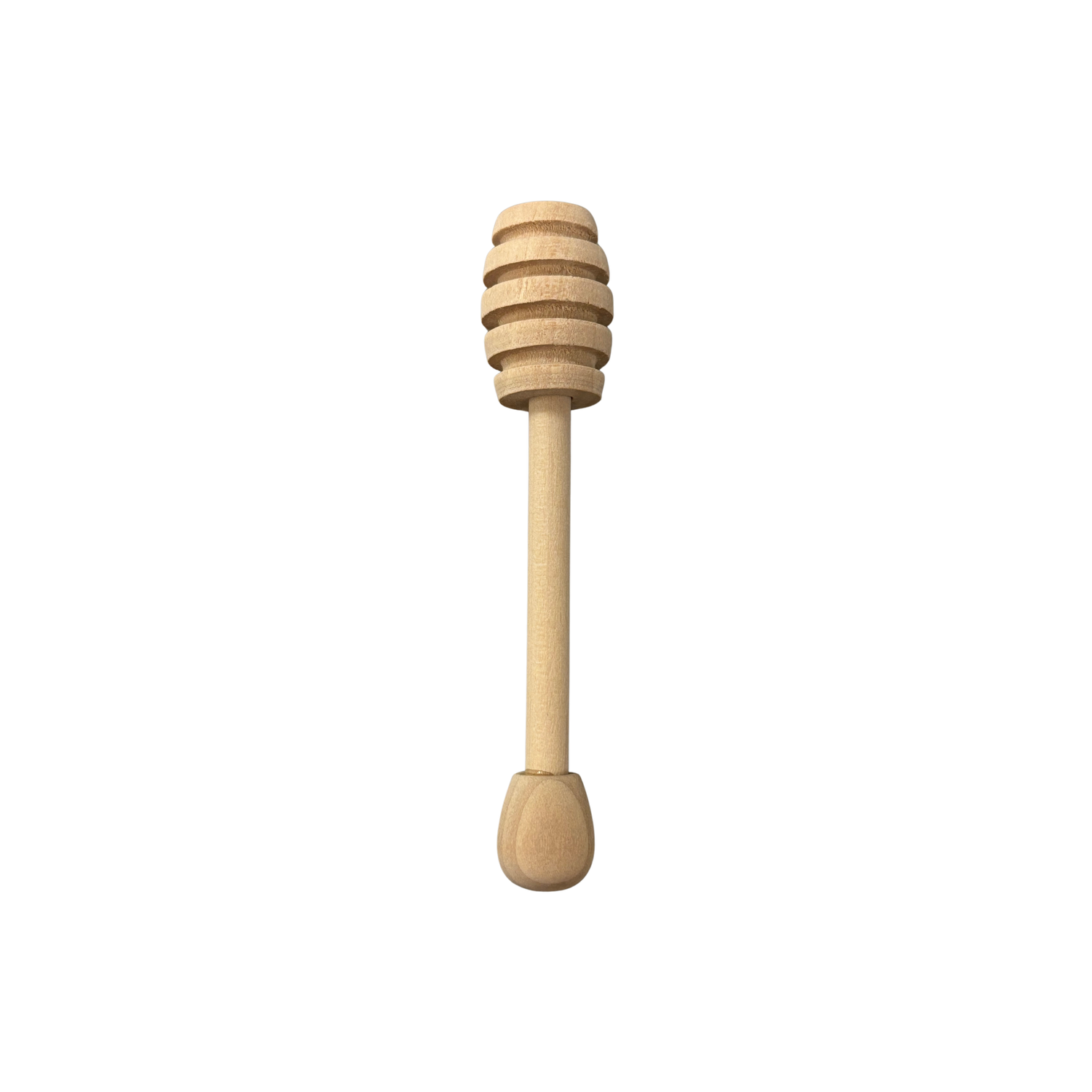 A wooden honey dipper on a white background