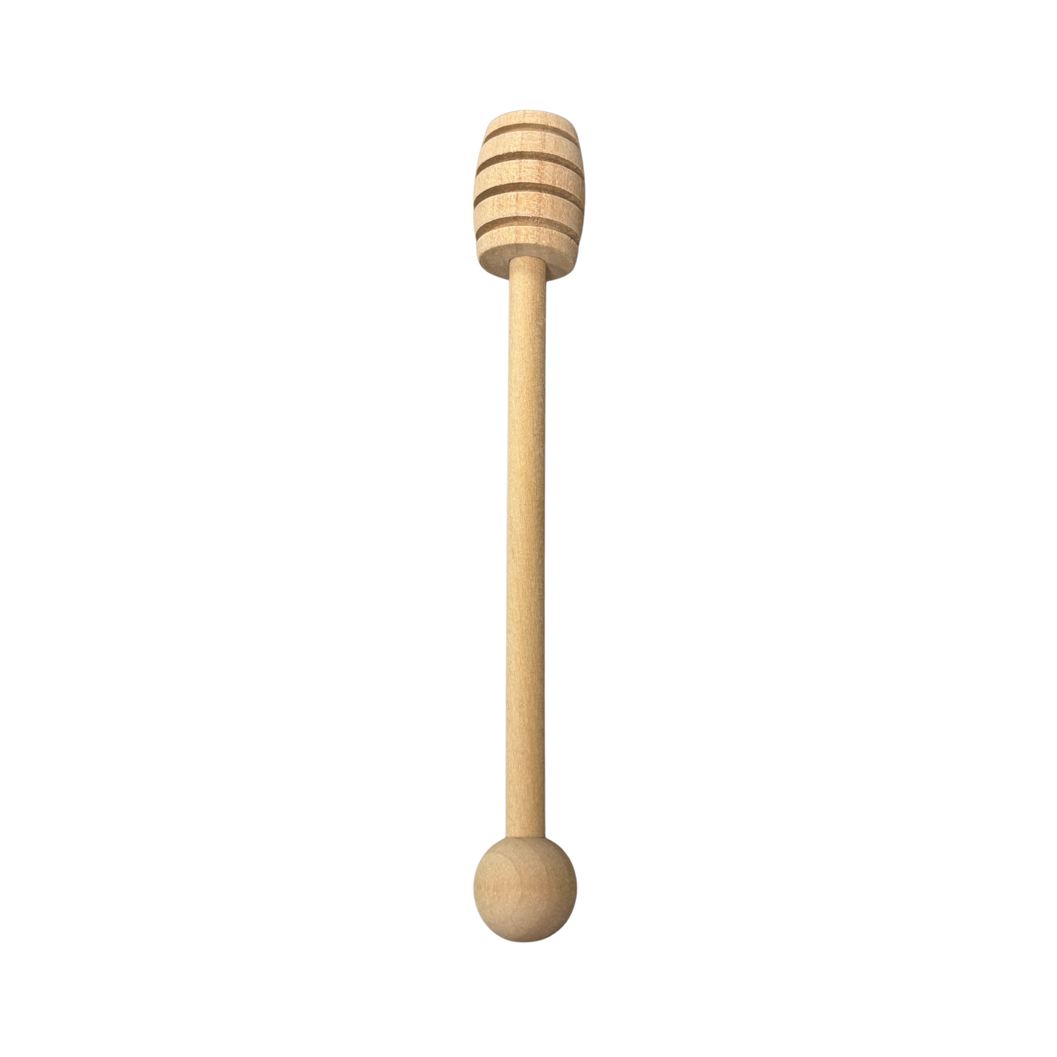 A wooden honey dipper on a white background