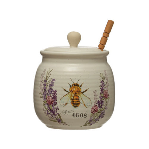 Stoneware Honey Jar with Bee & Wood Honey Dipper