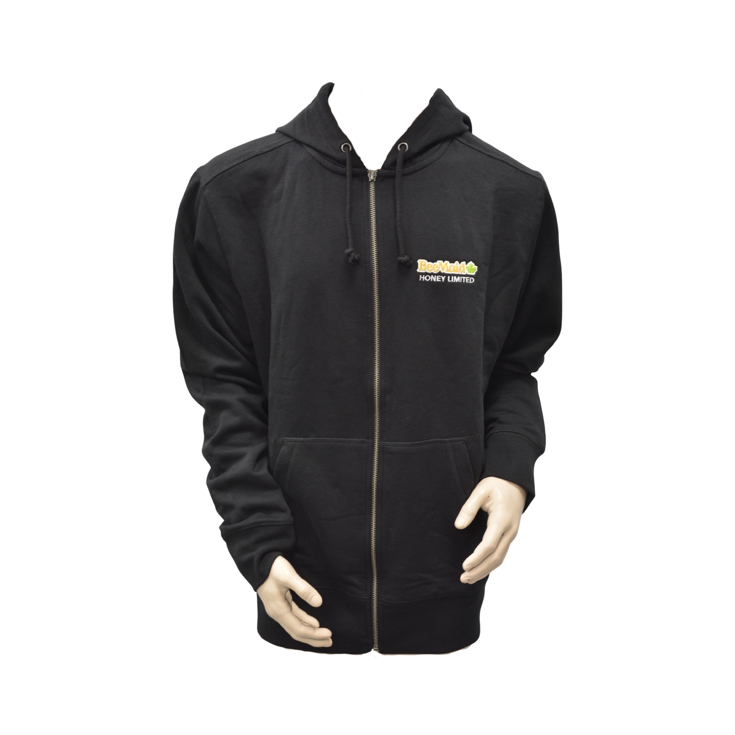 Black hoodie with a logo on the chest against a white background